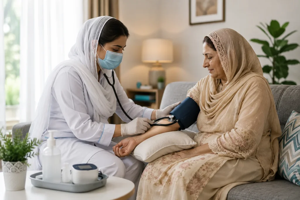 Home healthcare service in Peshawar with a healthcare professional caring for a patient at home