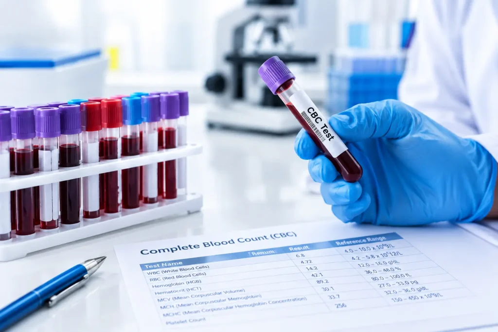 CBC test blood sample tube held by a laboratory technician