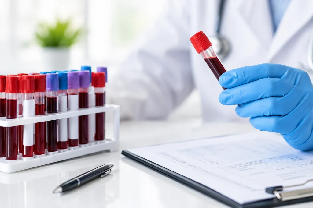 Complete blood test guide showing blood sample tubes in a medical laboratory